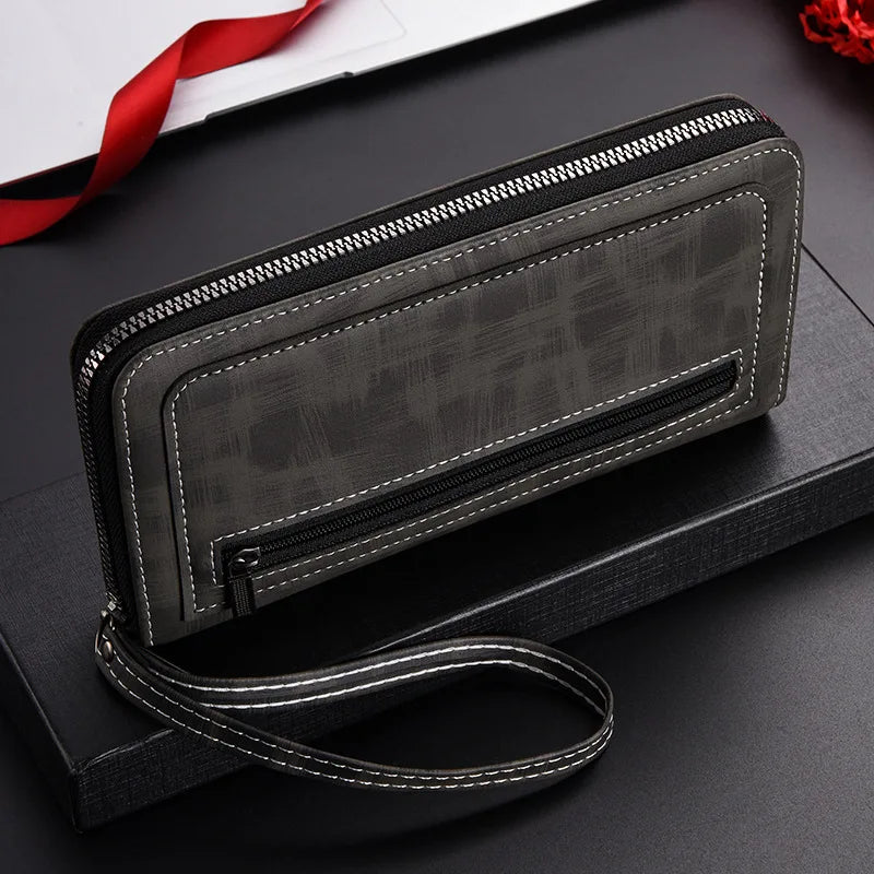 Men'S Long Wallet Vintage Zipper Coin Purses Credit Card Holder Business Clutch Bag Phone Money Purses Porable PU Leather Wallet