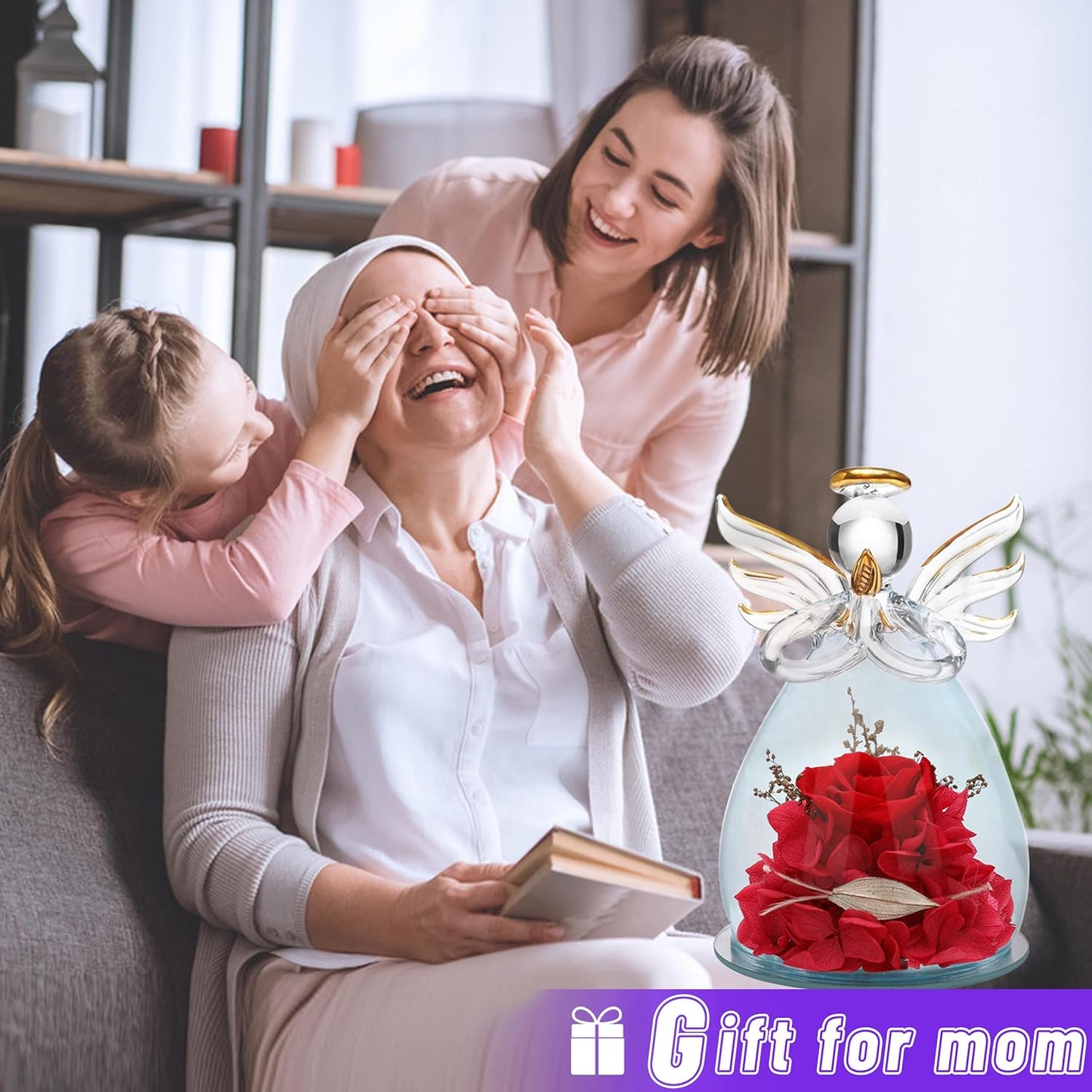 Preserved Rose Birthday Gifts for Women Mom Grandma Wife, Glass Angel Figurines Gifts with Pretty Red Flowers for Anniversary Wedding