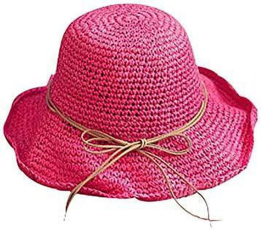 Womens Beach Sun Straw Hat Floppy Straw Sun Hat Travel Foldable Brim Summer Outdoor Sun Visor Hat for Women Girl Summer Outdoor Shade Tied Bow Foldable Hand-Woven,Rose Red