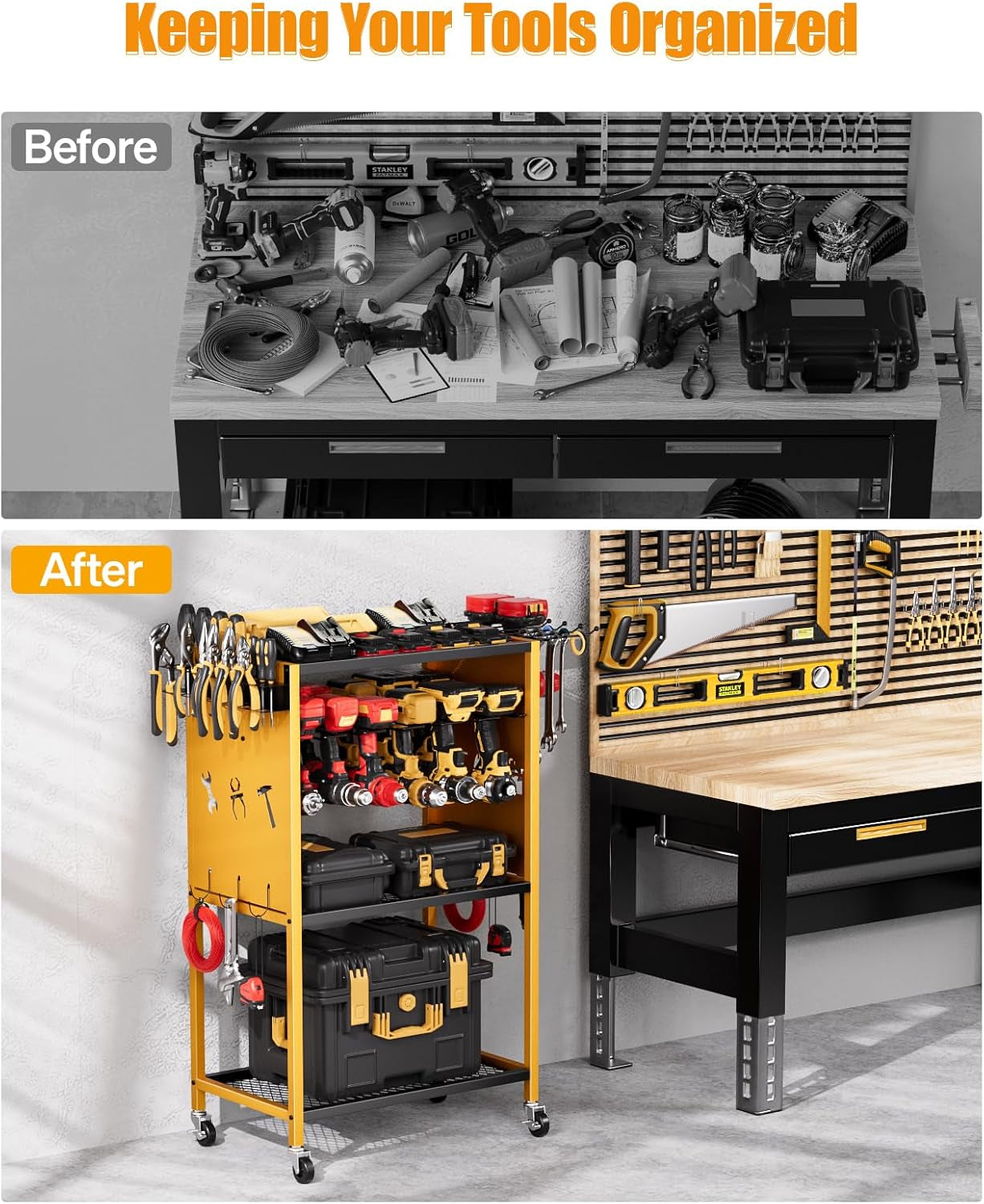 Power Tool Organizer with Wheels - Garage Power Tools Storage Cart, Large Rollin