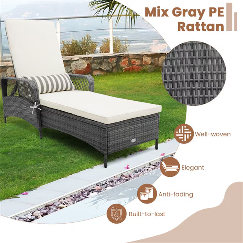 Outdoor Chaise Lounge Chair Recliner Rattan Mix Gray Steel Frame Stationary Chaise Lounge Chair with Off-White Polyester Cushioned Seat