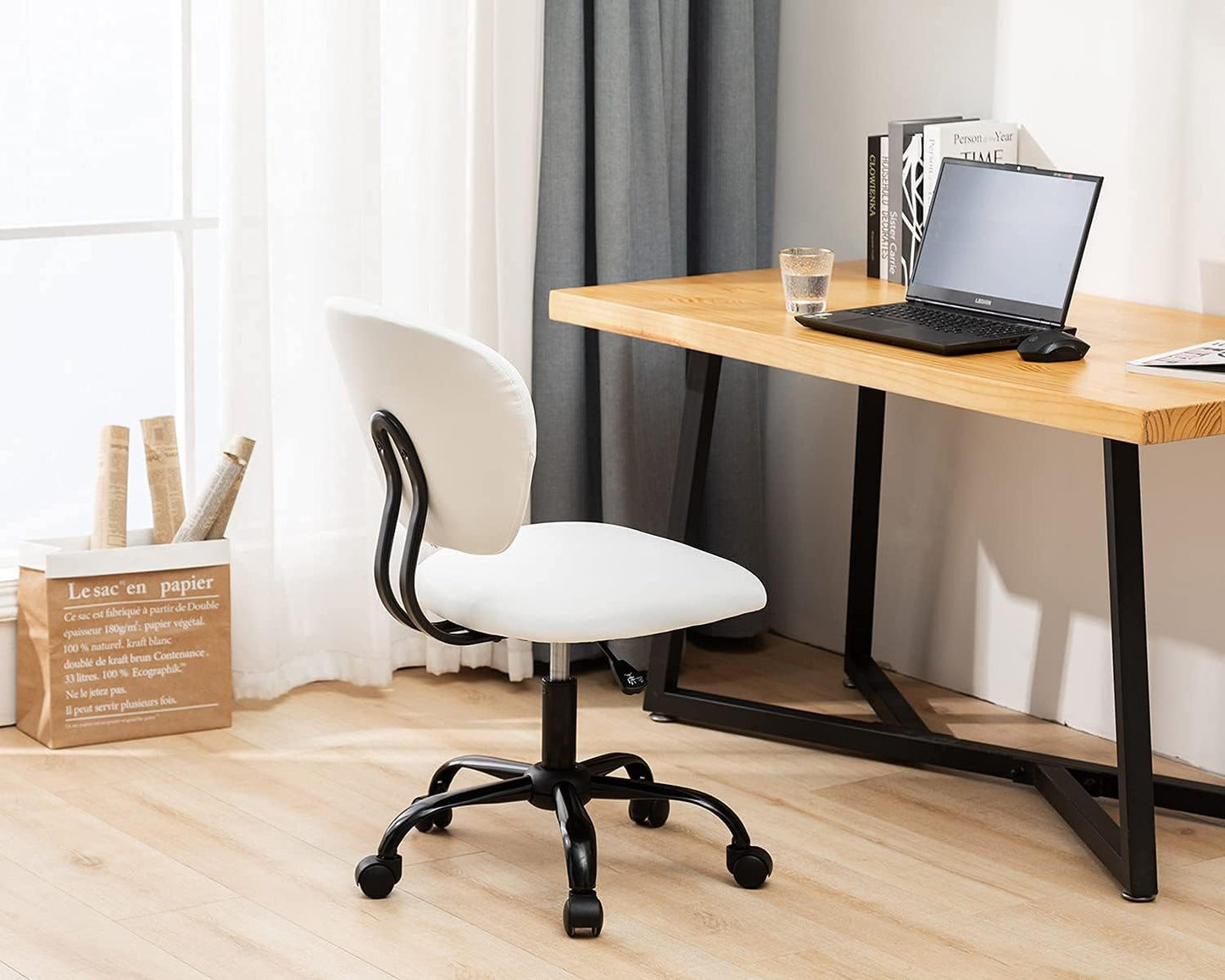 Office Chair Ergonomic Cheap Desk Chair PU Leather Computer Chair Task Rolling Swivel Stool Mid Back Executive Chair with Lumbar Support, White