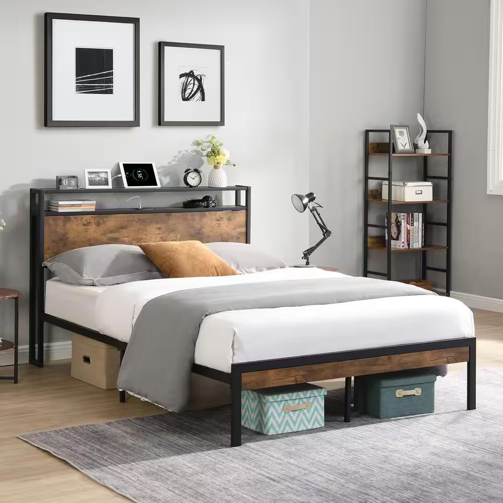Modern Industrial Black Metal Frame Queen Platform Bed with Wooden Storage Headboard, Charging Station, Underbed Storage