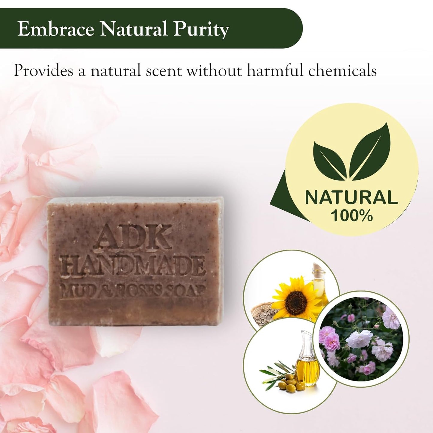 ADK Natural Mud & Rose Soap Bar 4 Oz., Handmade Vegan Olive Oil Body Soap for Dry and Sensitive Skin, Moisturising for Men, Women & Babies, Produced in the USA