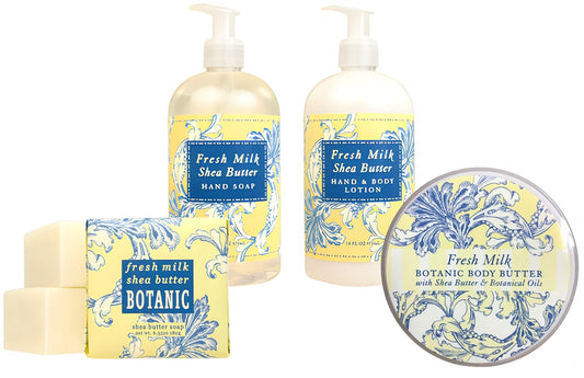 Fresh Milk Body Care Spa Quartet - Hand Soap, Lotion, Body Butter, and Soap Bar Square - Luxurious Shea Butter Skin Care in Captivating Botanical Scents