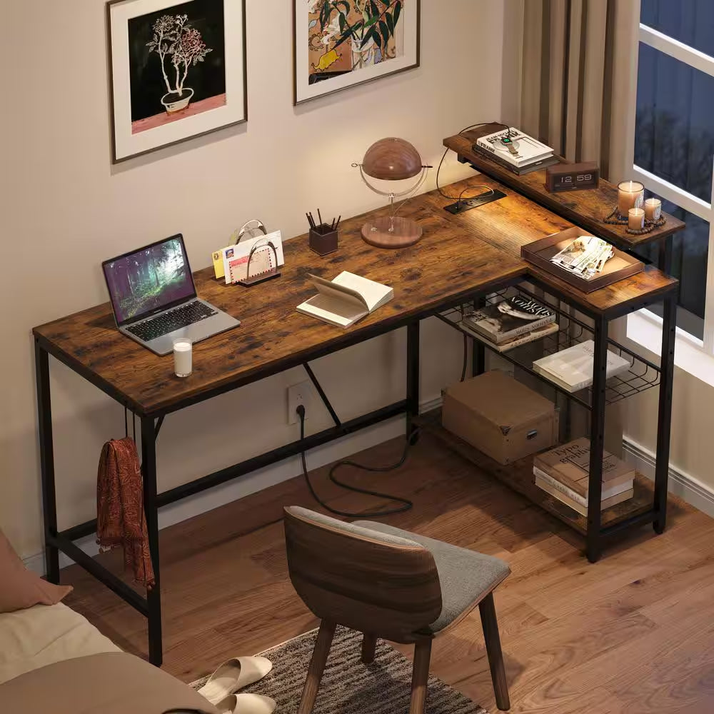 58 In. L-Shaped Rustic Brown LED Gaming Desk with Storage Shelf and Power Outlets