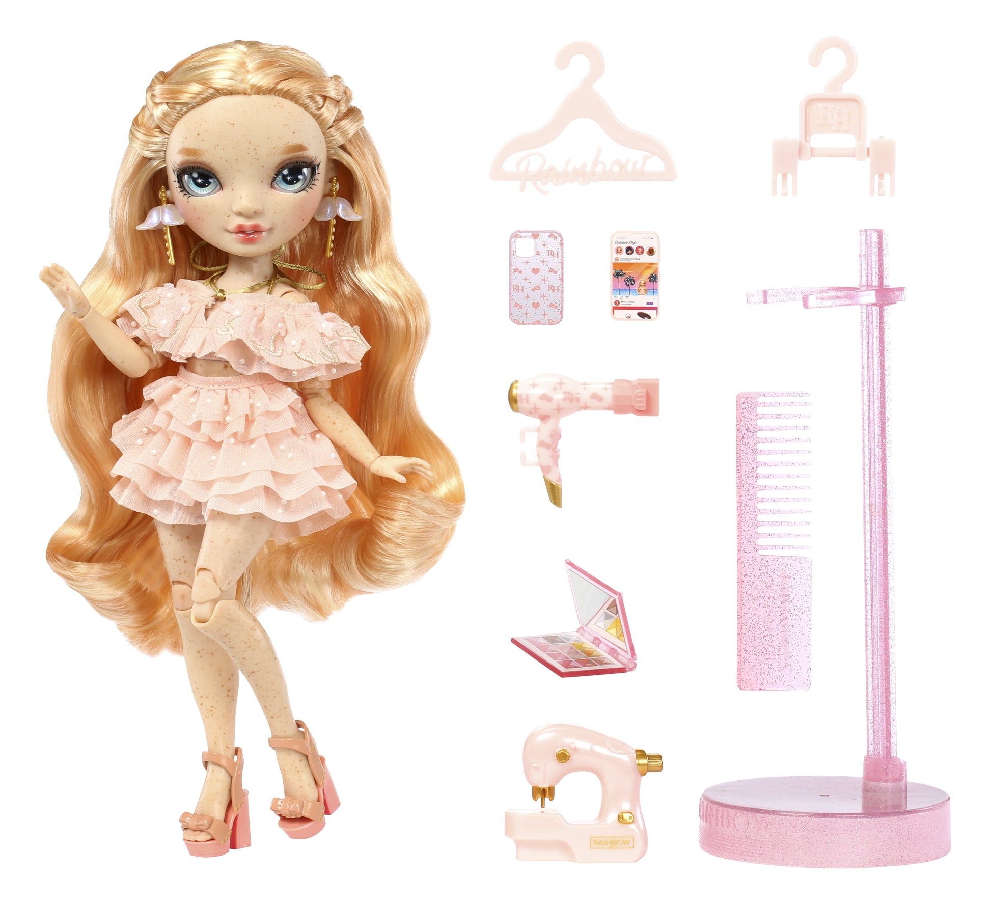 Victoria - Light Pink Fashion Doll, Freckles from Head to Toe. Fashionable Outfit & 10+ Colorful Play Accessories. Kids Gift 4-12 Years and Collectors