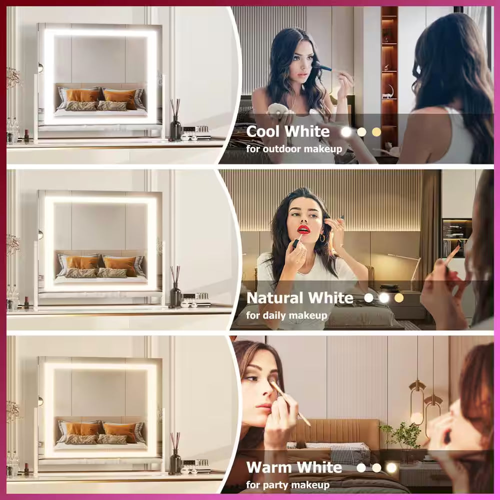 24.2 In. W X 18.9 In. H Square White Frame LED Makeup Mirror, 10X Magnification, USB Charging Port, 360° Rotation