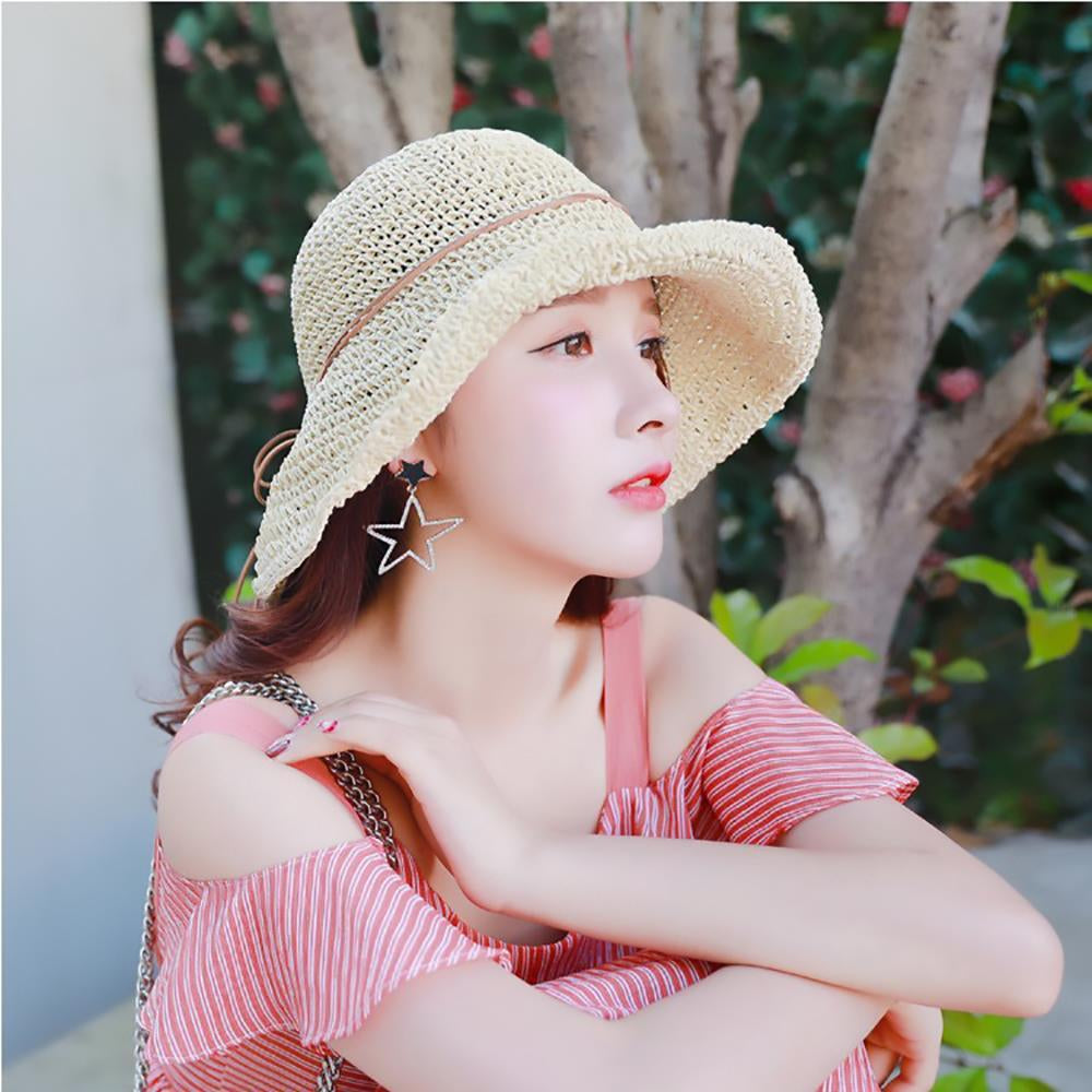 Womens Beach Sun Straw Hat Floppy Straw Sun Hat Travel Foldable Brim Summer Outdoor Sun Visor Hat for Women Girl Summer Outdoor Shade Tied Bow Foldable Hand-Woven,Beige