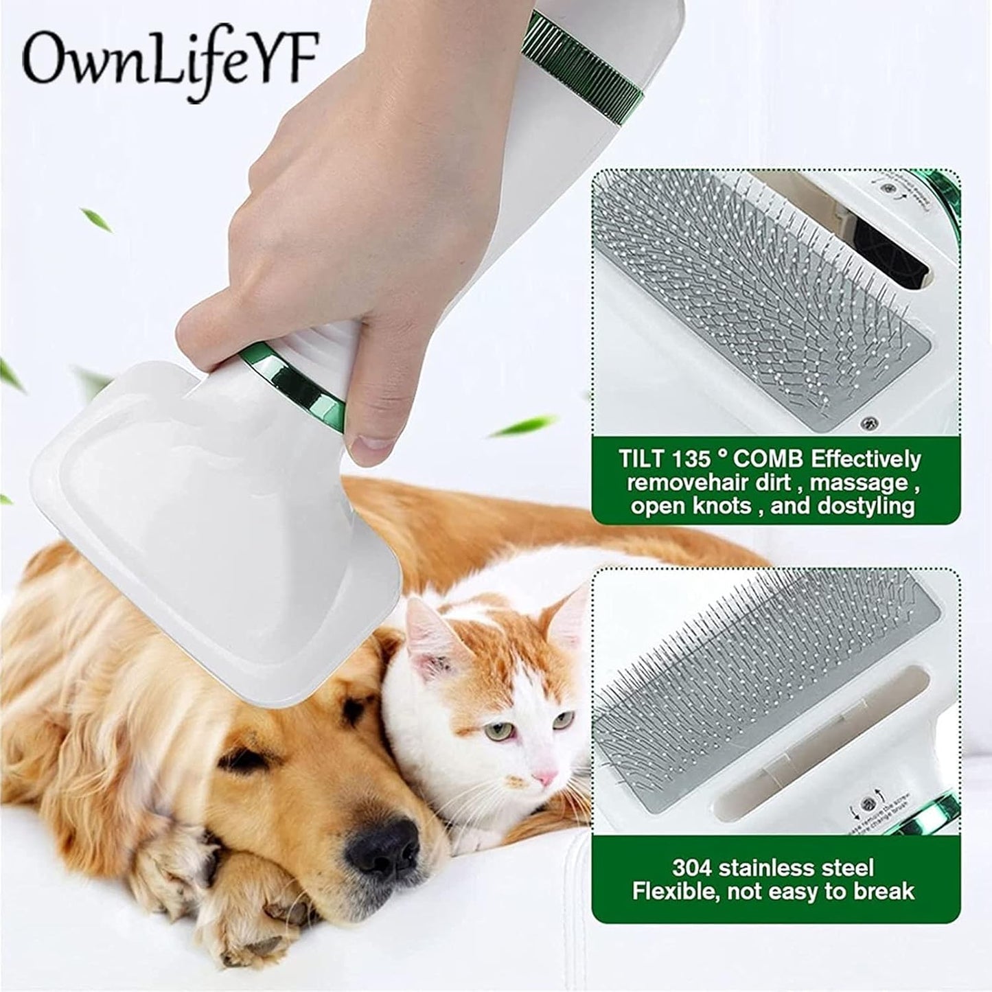 Pet Hair Dryer Portable 2 in 1 Upgraded Professional Quiet Dog Cat Hair Furry Blower, Home Pet Grooming Dog Hair Comb 3 Heat Settings Pet Brush for Small Medium Large Dog Kitten (Green)