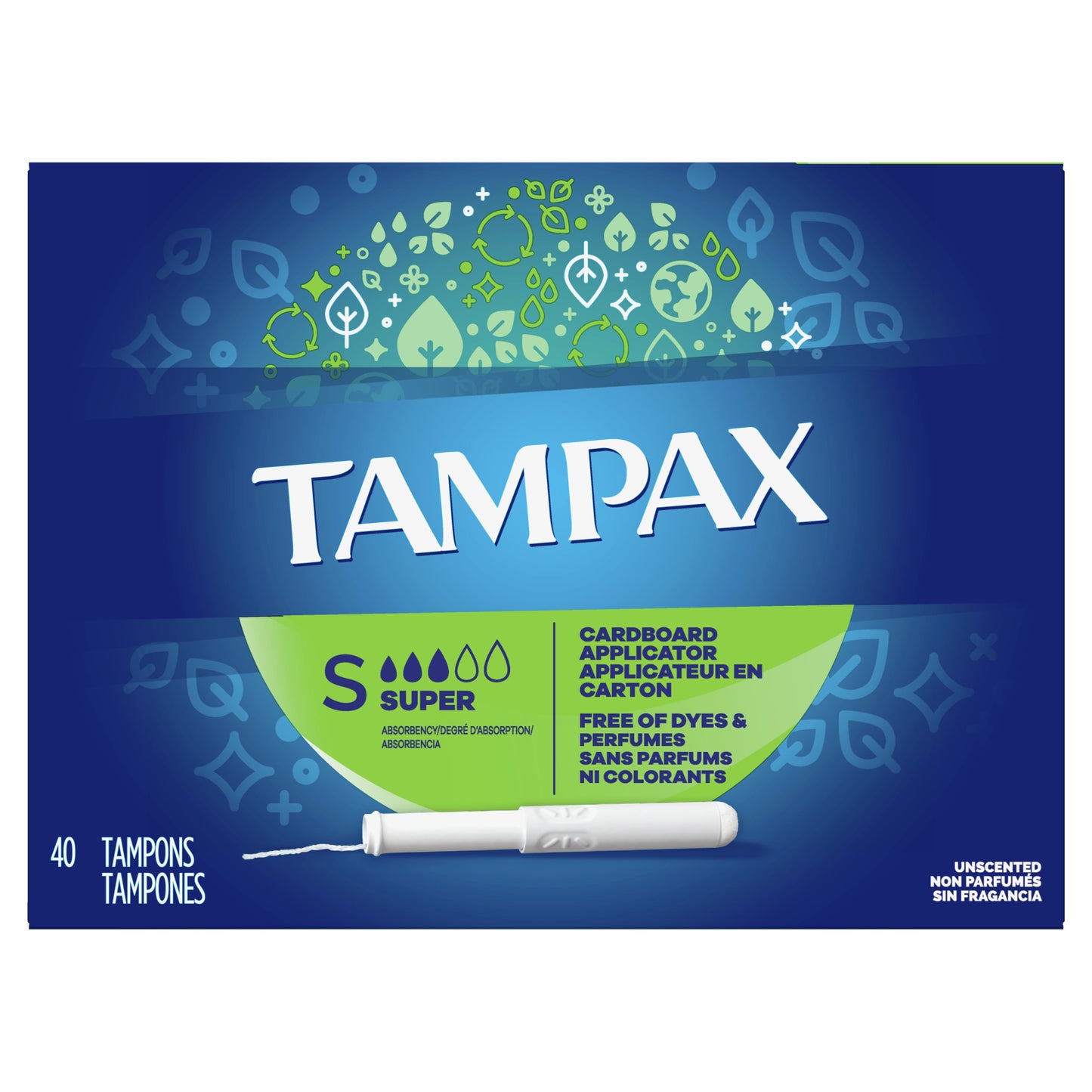 Cardboard Tampons Super Absorbency, Anti-Slip Grip, Leakguard Skirt, Unscented, 40 Count