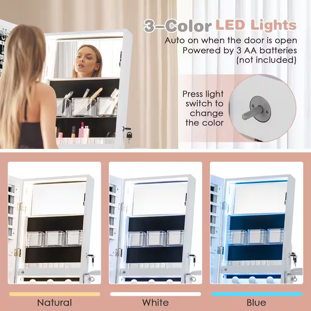 White Wood 16 In. W Standing Jewelry Armoire Cabinet Full Length Mirror Lockable with 3-Color LED Lights