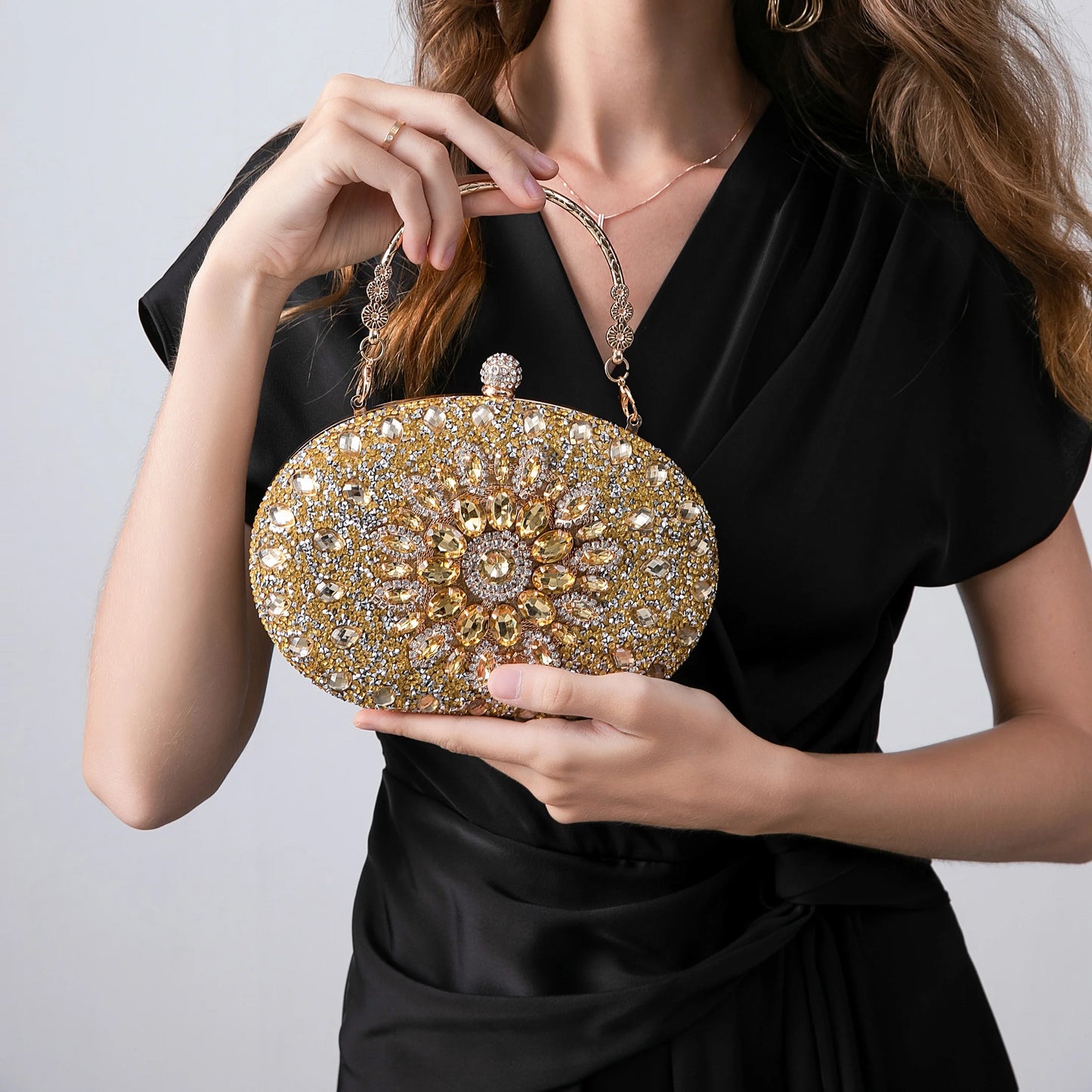 Evening Bag Clutch Purses for Women Ladies Sparkling Party Handbag Wedding Cocktail Prom Bag Sunflower Shape, Gold