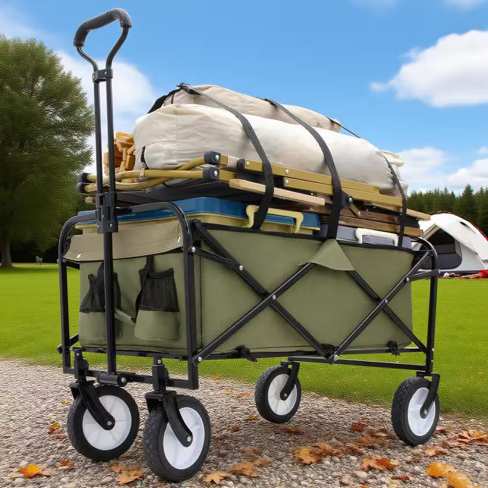 17 Cu. Ft. Army Green Fabric Collapsible Garden Cart, Utility Wagon W/Strap and All-Terrain Wheels for Outdoor Shopping