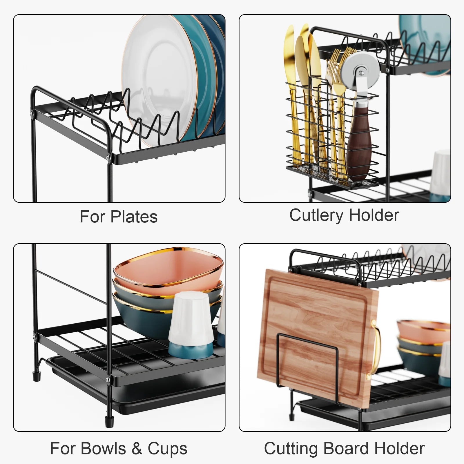 2 Tier Dish Racks Dish Drainers with Water Tray Cutlery Holder for Small Kitchen Households Black, 18.90 X 8.27 X 11.81 Inches