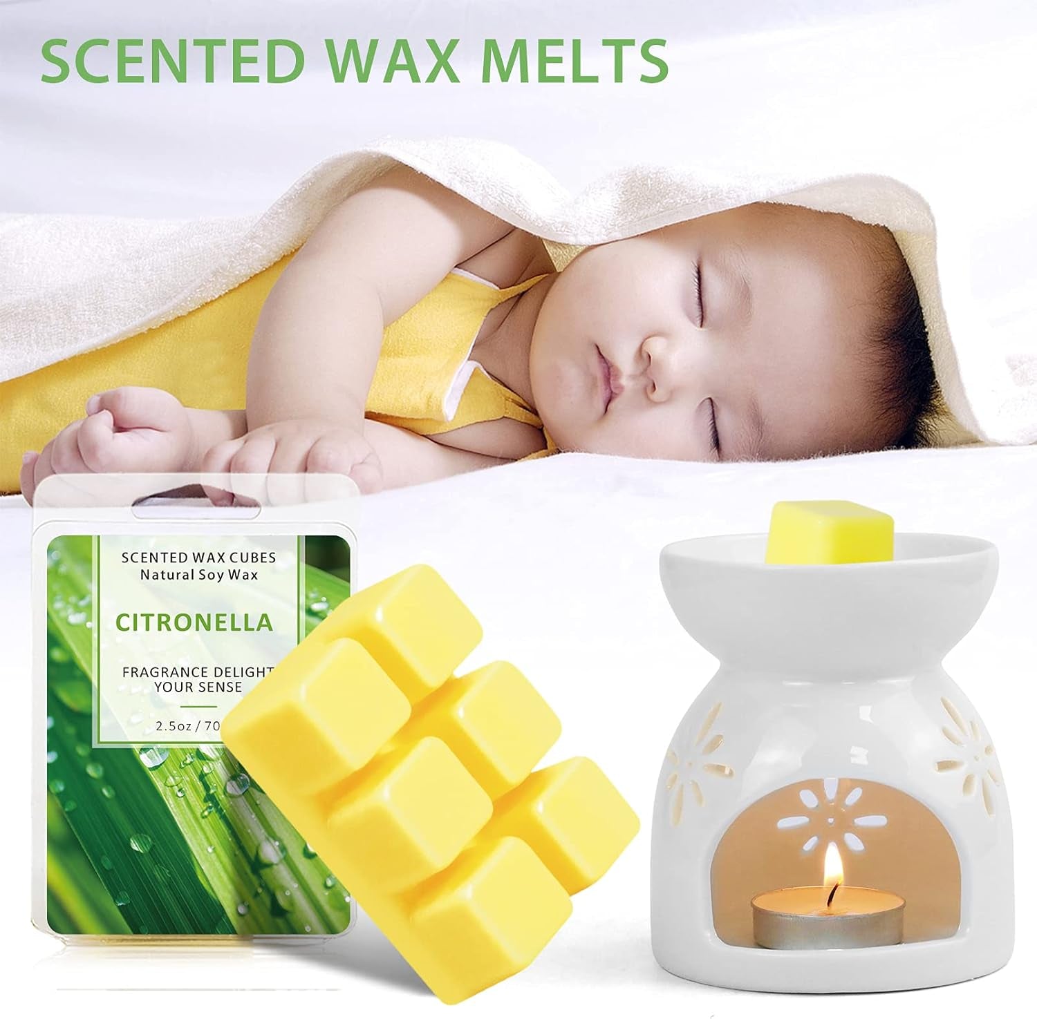 Citronella Wax Melts - Citronella Wax Melts Wax Cubes for Home Scented - Lemongrass Soy Wax Melts for Summer Outdoor/Indoor (8 Packs)