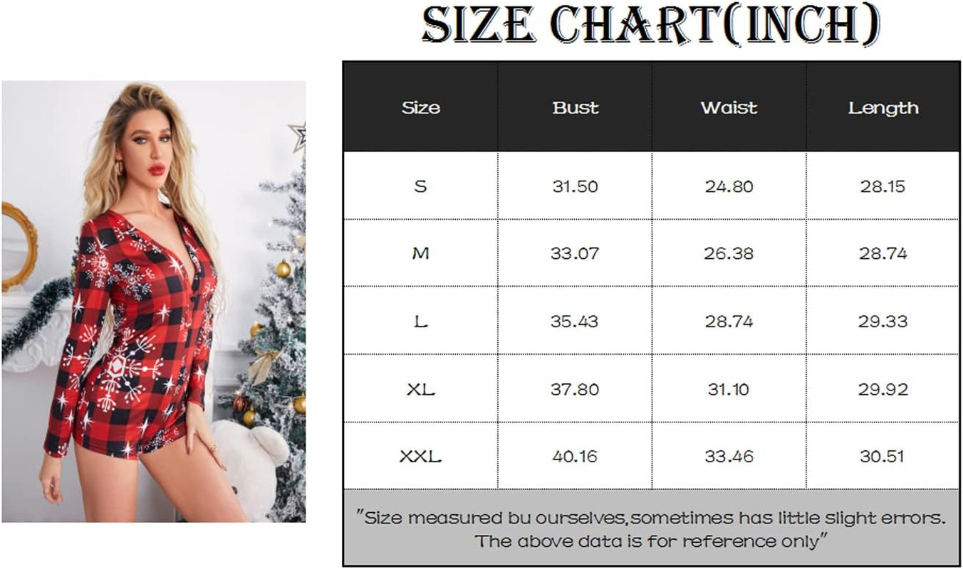 Christmas Romper Pajamas Womens Onesie Sexy Deep V Printed Bodycon Jumpsuit One Piece Pjs Overall (Wine Red, Large)