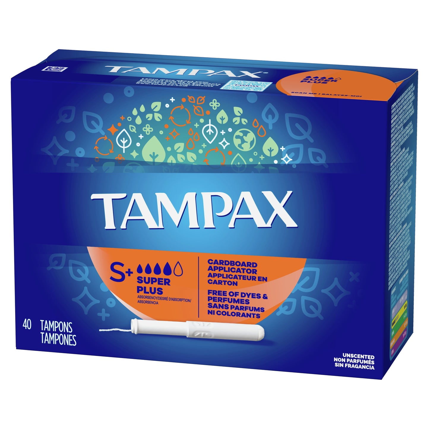 Cardboard Tampons Super plus Absorbency, Anti-Slip Grip, Leakguard Skirt, Unscented, 40 Count
