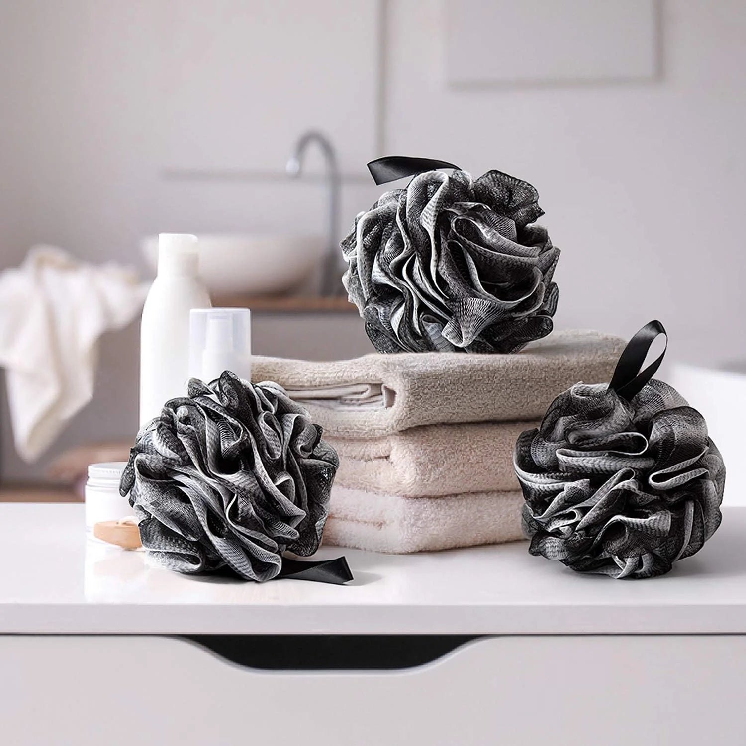 4 Pack Loofahs Bath Shower Scrub Exfoliating Body Brush Pouf Scrubber Sponge Ball Mesh Bath Loofah , Black