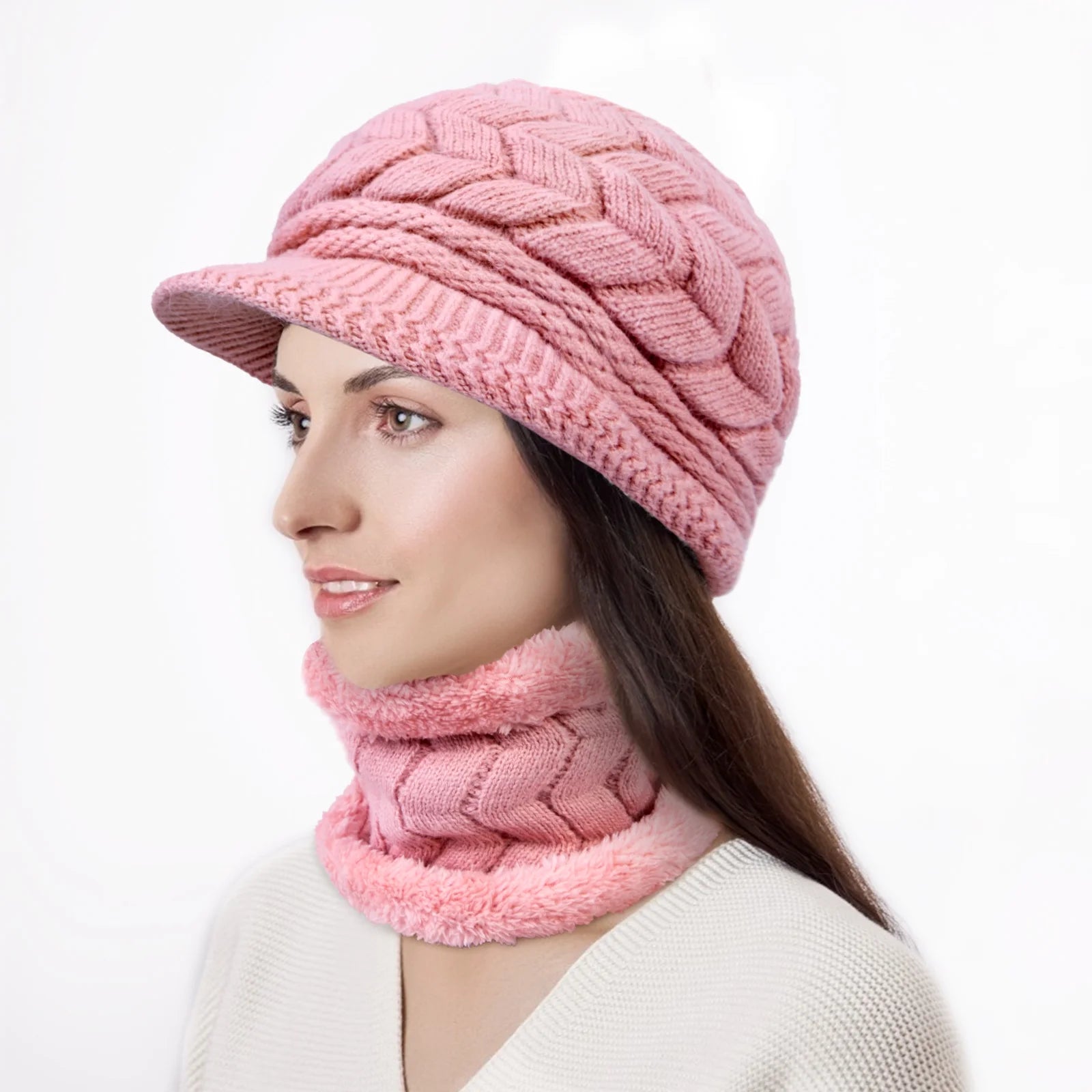 3 Pieces Women Winter Hat Gloves Scarf Set, Knit Beanie Neck Warmer Touch Screen Mittens Pink