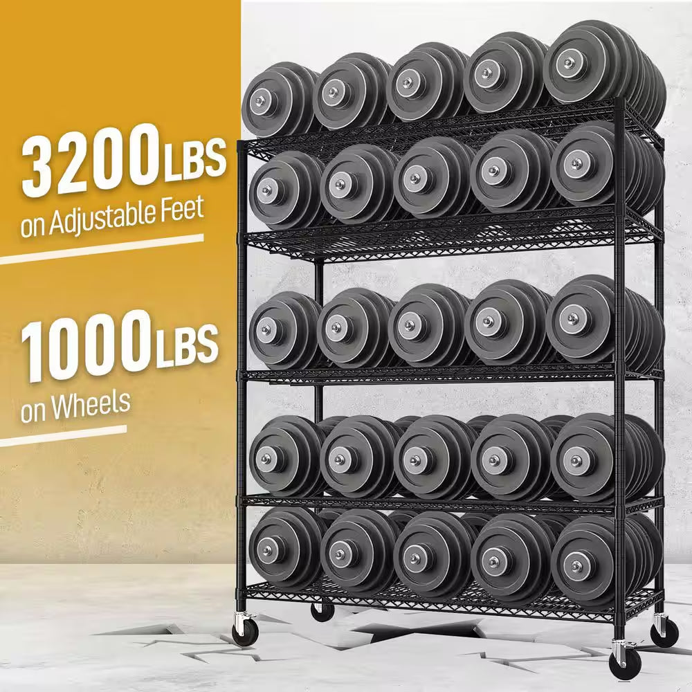 5-Tiers Steel Adjustable Garage Storage Shelving Unit in Black with Wheels (55.12 In. W X 75.59 In. H X 23.62 In. D)