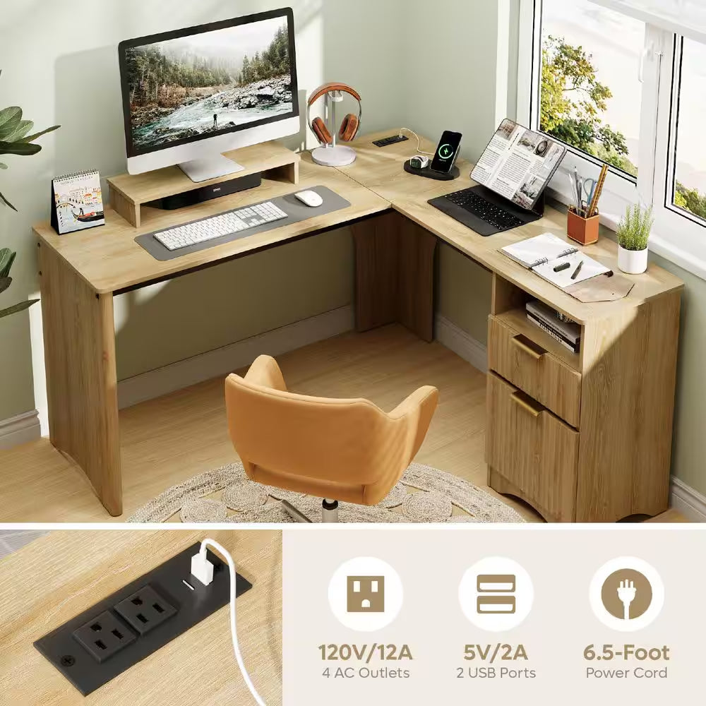 55 In. Natural 2-Storage Drawers L-Shaped Computer Desk with Power Outlets, Lift-Top and Monitor Stand