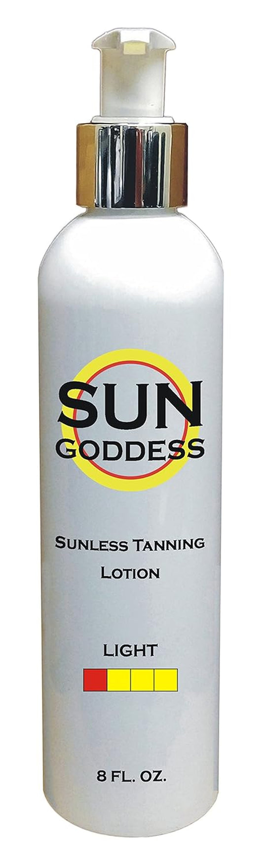 SUN GODDESS - Sunless Self Tanning Lotion - LIGHT - 8 Oz + INCLUDES: Applicator Mitt, Application Gloves and Best Fake Tanner Lotion Mousse Spray Sample – Gorgeous, Natural Looking Tan Lasts 7 Days