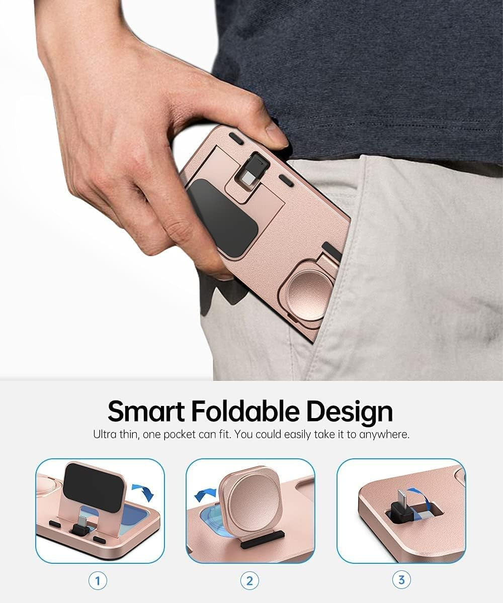 Portable 3 in 1 Charging Station for Apple Devices Foldable Charger Station for Apple Watch 7/6/SE/5/4/3/2/1 Charger Stand, Charging Dock Station for Iphone Airpods Pro 3/2/1 Rose Gold