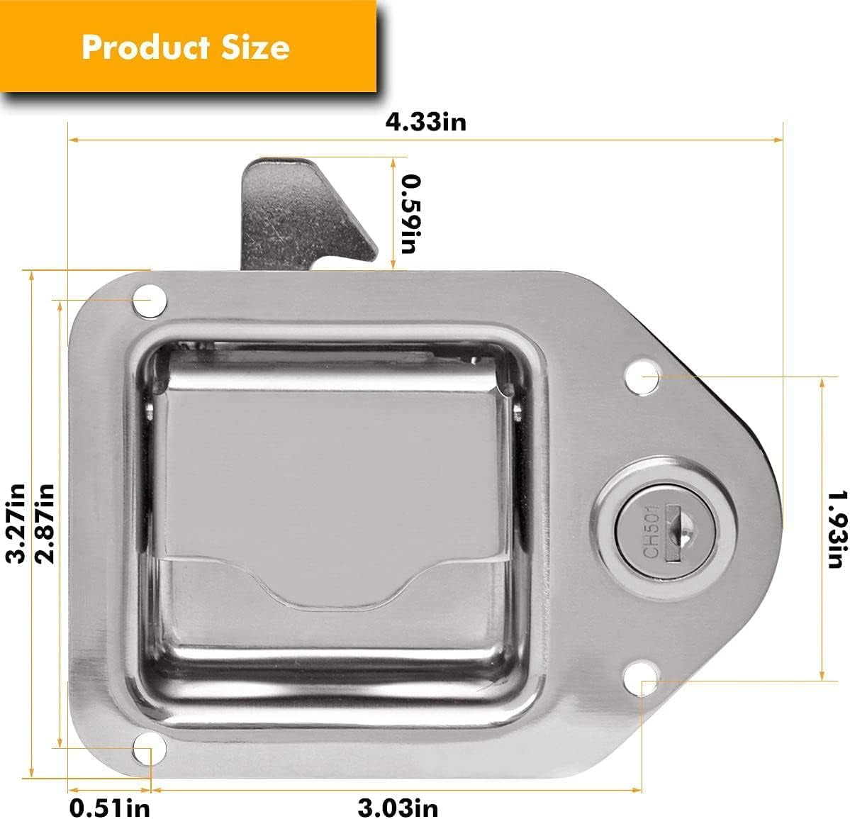 Truck Tool Box Latch Replacement Kit- 304 Stainless Truck Toolbox Lock 4-3/8”X 3