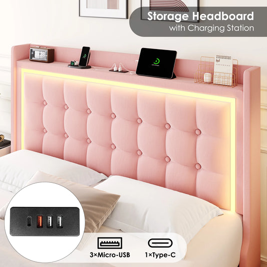 Full Size Floating Bed with RGB LED Lights Charging Station, Velvet Upholstered Platform Bed with Storage Headboard, Pink