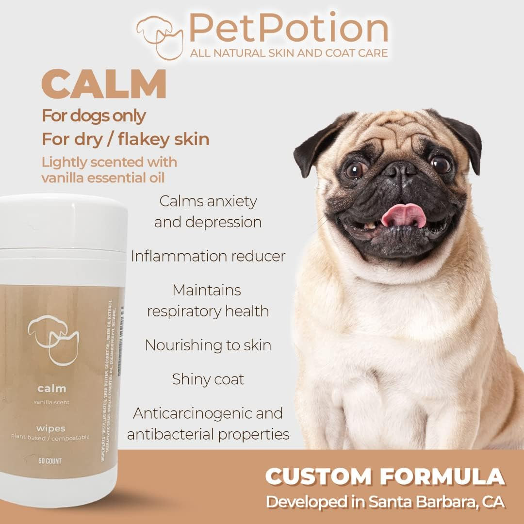 Calm Dog Wipes - Plant Based & Compostable Pet Wipes - Dog Cleaning Supplies for Smelly Dogs - Odor Eliminating Pet Supplies - Vet Recommended for Pet Grooming - Made in USA - 50 Count