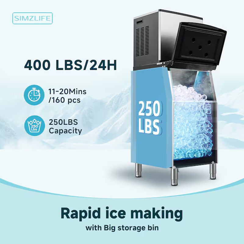 22.2-In Flip-Up Door for Commercial Use Cubed ( Silver,400Lbs/24H Ice Maker,250Lbs Ice Storage,Auto-Clean )