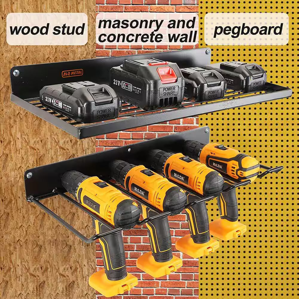 Black Utility Storage Rack, Wall Mounted Power Tool Organizer Holder with 2-Layers and 4-Drill Holder