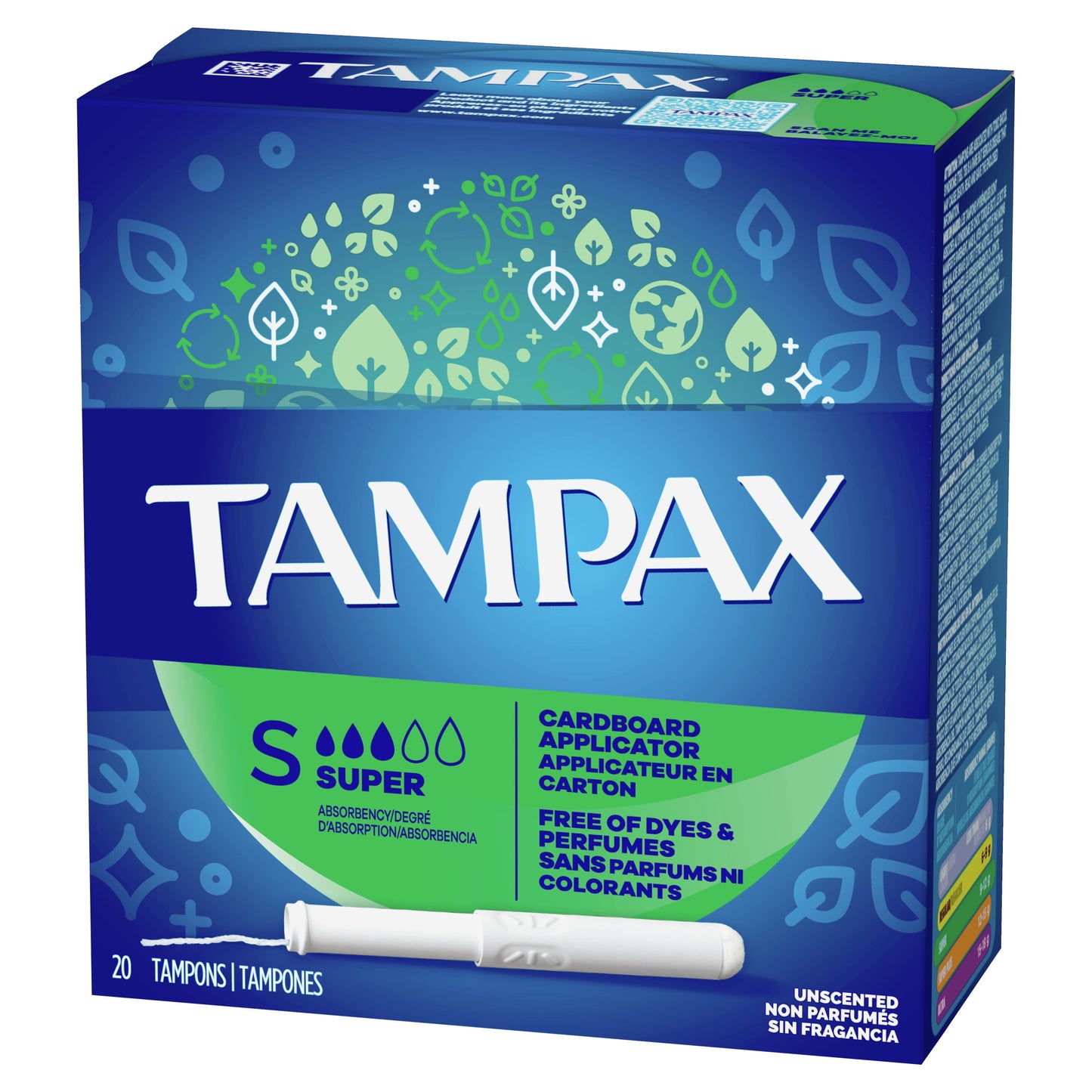 Cardboard Tampons Super Absorbency, Anti-Slip Grip, Leakguard Skirt, Unscented, 20 Count