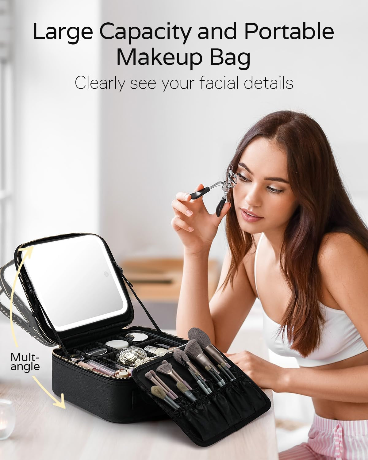 Makeup Bag with LED Mirror, Travel Makeup Case with Lighted Mirror, Portable Makeup Organizer Cosmetic Train Case for Women Adjustable Dividers Beauty Tools Accessories