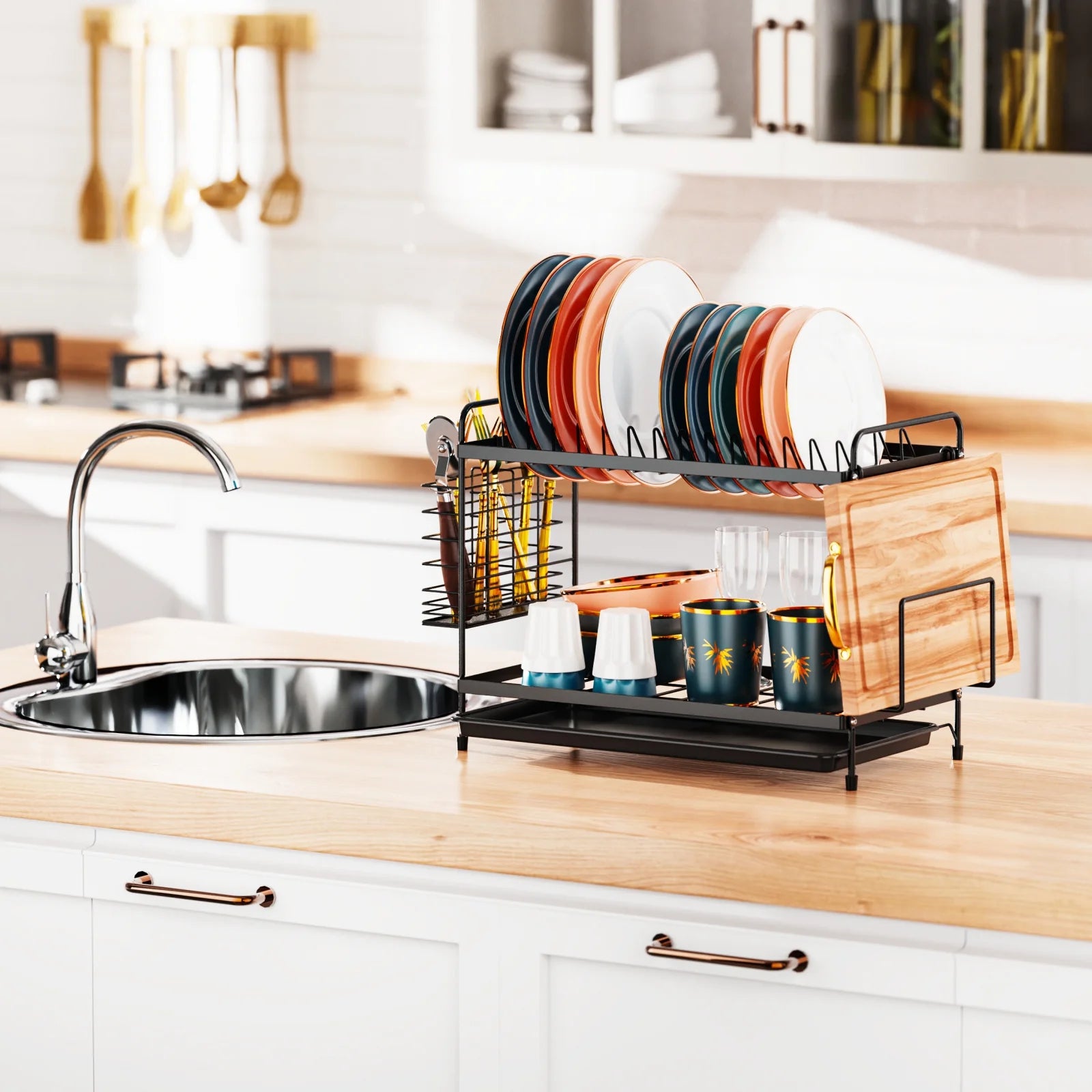 2 Tier Dish Racks Dish Drainers with Water Tray Cutlery Holder for Small Kitchen Households Black, 18.90 X 8.27 X 11.81 Inches