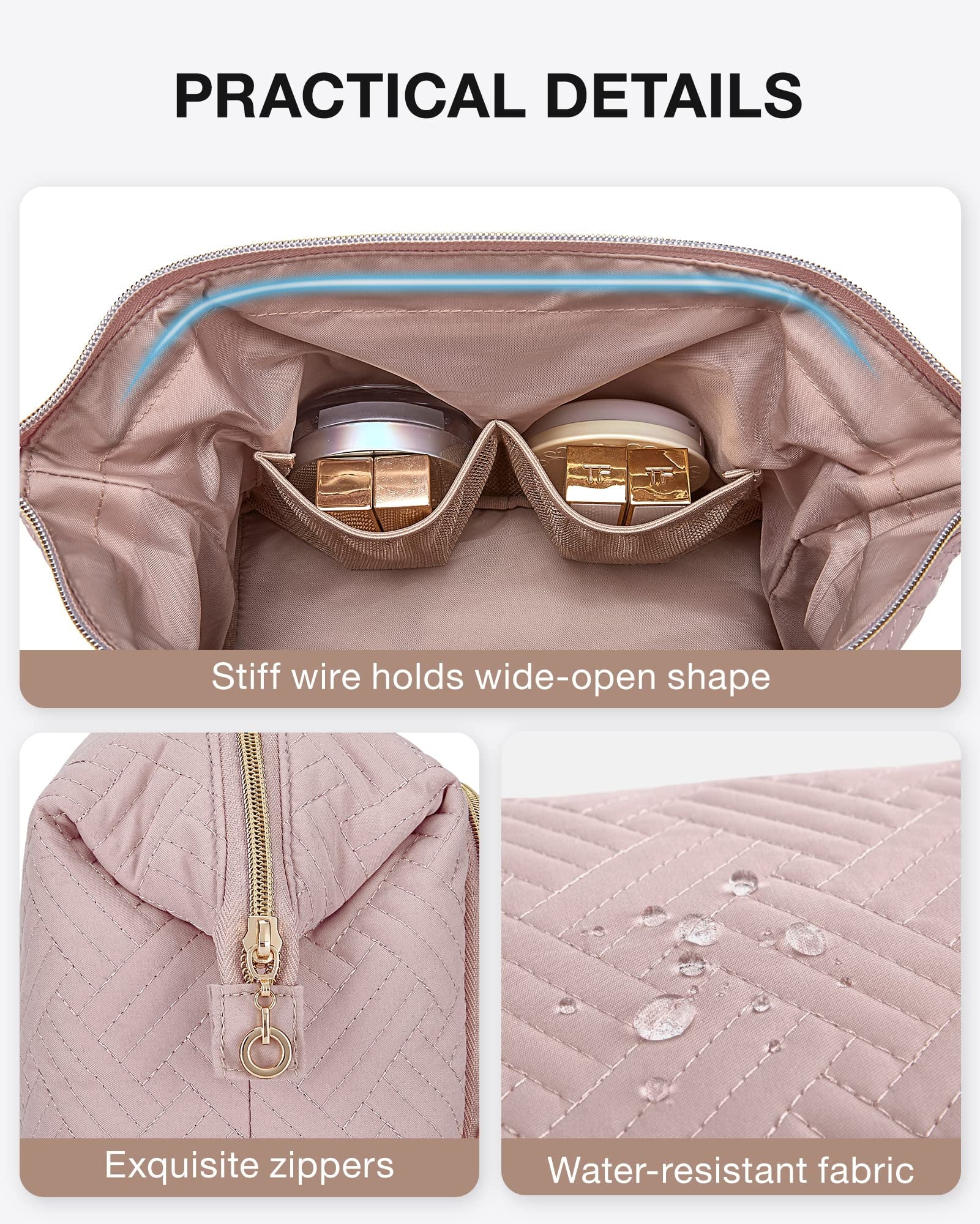 Large Capacity Makeup Bag Cosmetic Pouch, Wide-Open Travel Toiletry Bag Organizer Case for Lipsticks Electonic Accessories, Waterproof Portable, Multifunction, Pink