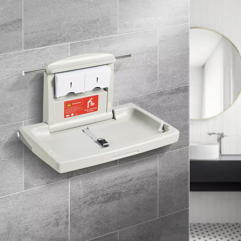 Wall-Mounted Baby Changing Station Horizontal Foldable Diaper Change Table Safety Straps and Hanging Rods