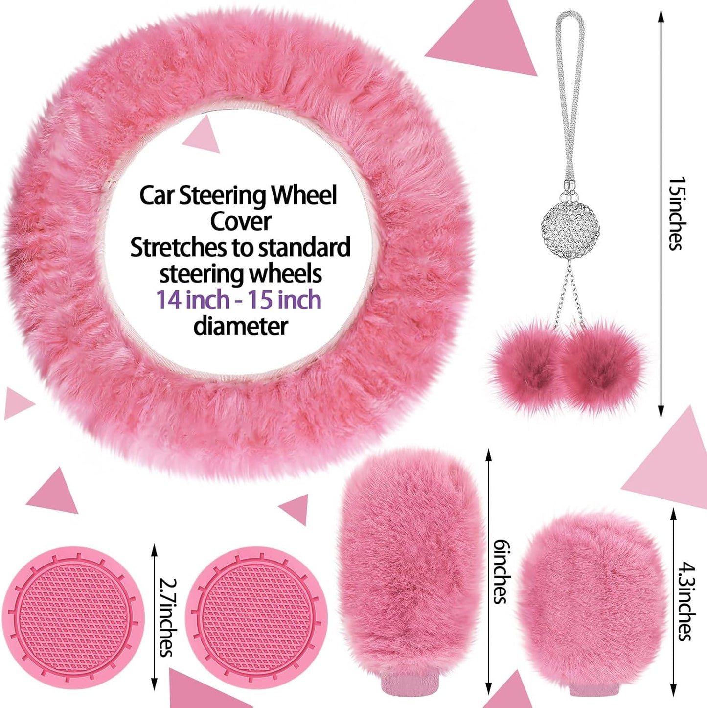 17 Pcs Car Seat Cover Full Set for Women Fluffy Fuzzy Car Accessories Christmas Front Rear Steering Wheel Fleece Handbrake Shift Covers Hanging Accessory Holder Ring Emblem(Pink Black)