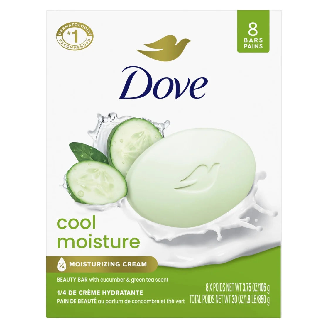 Beauty Bar Women'S Bath Soap Cool Moisture Cucumber & Green Tea Scent, 3.75 Oz 8 Bars