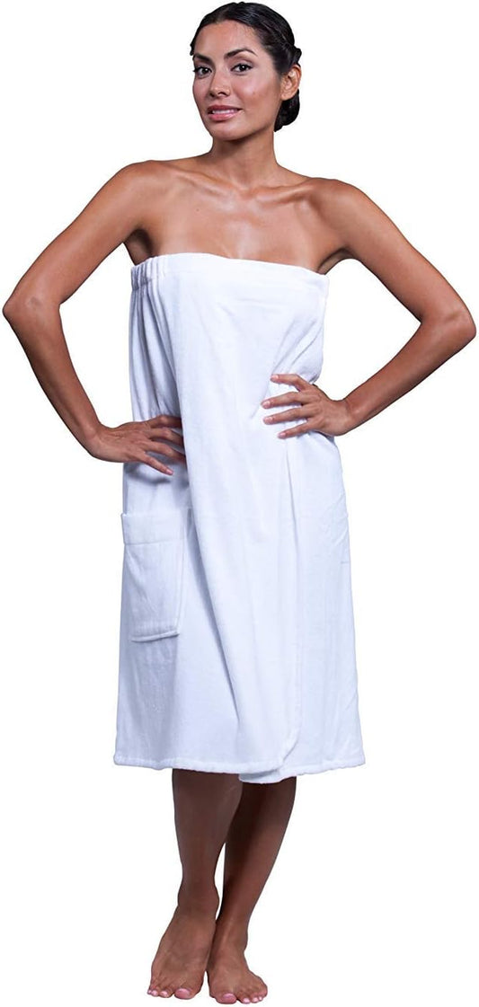 Womens Spa Wrap - 100% Cotton Spa, Shower, Bath and Gym Towel W Snaps, Towel Wrap for Women, White, Medium/Large