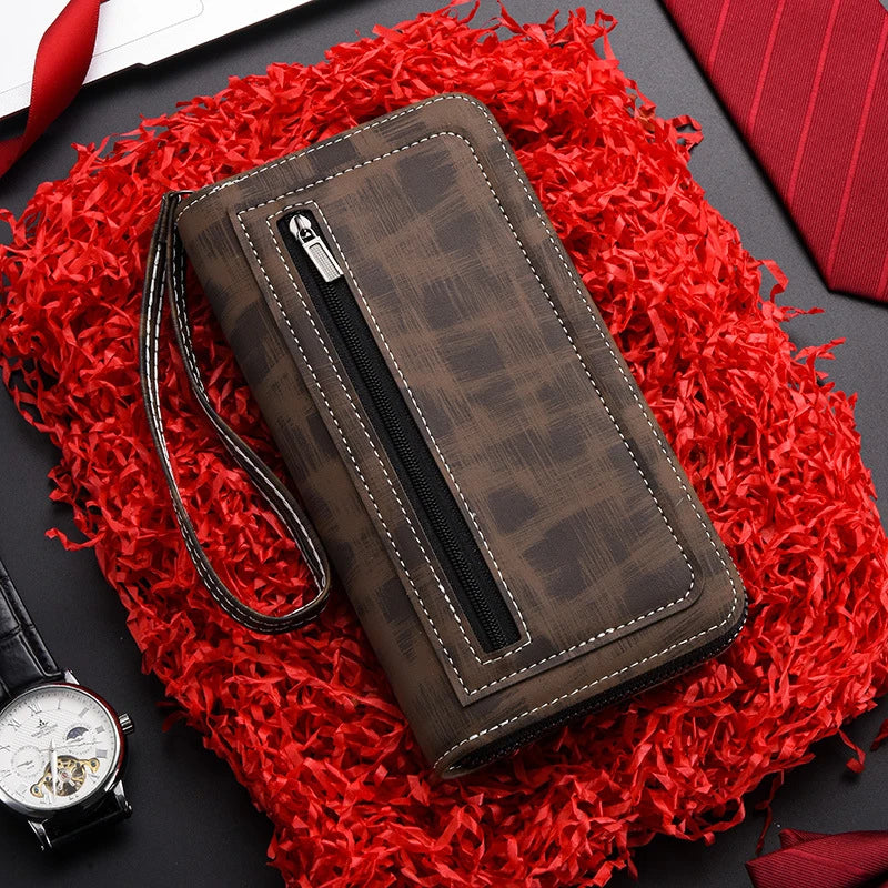 Men'S Long Wallet Vintage Zipper Coin Purses Credit Card Holder Business Clutch Bag Phone Money Purses Porable PU Leather Wallet