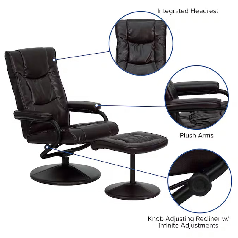 Brown Faux Leather Upholstered Swivel Recliner with Ottoman Set