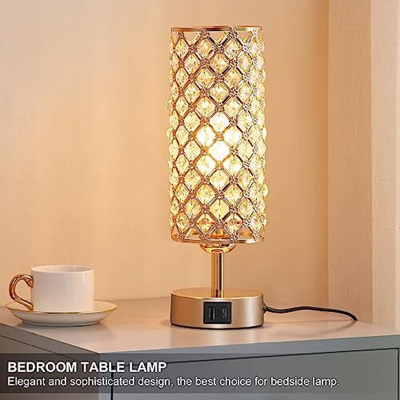 Crystal Table Lamp Lamp for Bedroom with USB-C USB-A USB-C+A Ports Gold