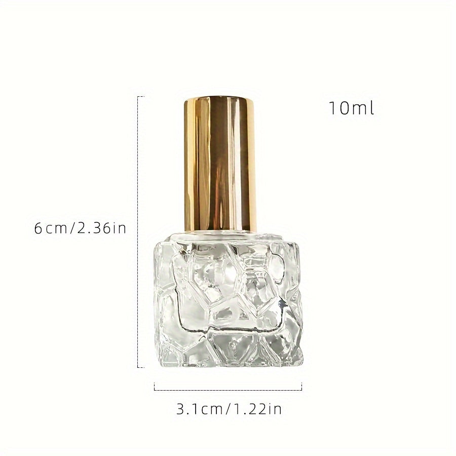 4-Pack 10ml Square Textured Glass Perfume Bottles, Portable Mini Spray Atomizer, Refillable, Travel-Friendly, with Fine Mist Sprayer, Elegant Personal Fragrance Vial, Assorted Metallic Caps
