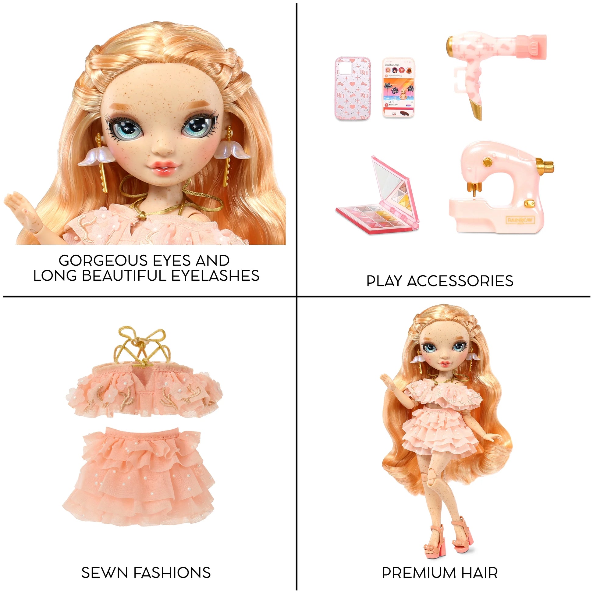 Victoria - Light Pink Fashion Doll, Freckles from Head to Toe. Fashionable Outfit & 10+ Colorful Play Accessories. Kids Gift 4-12 Years and Collectors