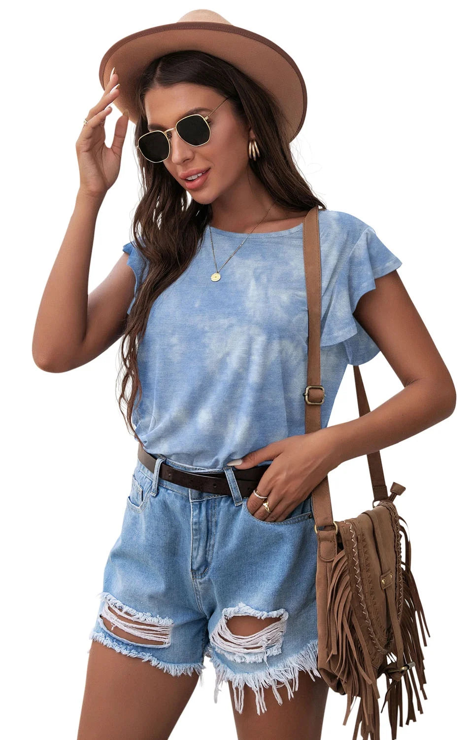 Summer Ruffle Short Sleeve Knit Tunic Tops Shirts Tank Tee Blouse for Women