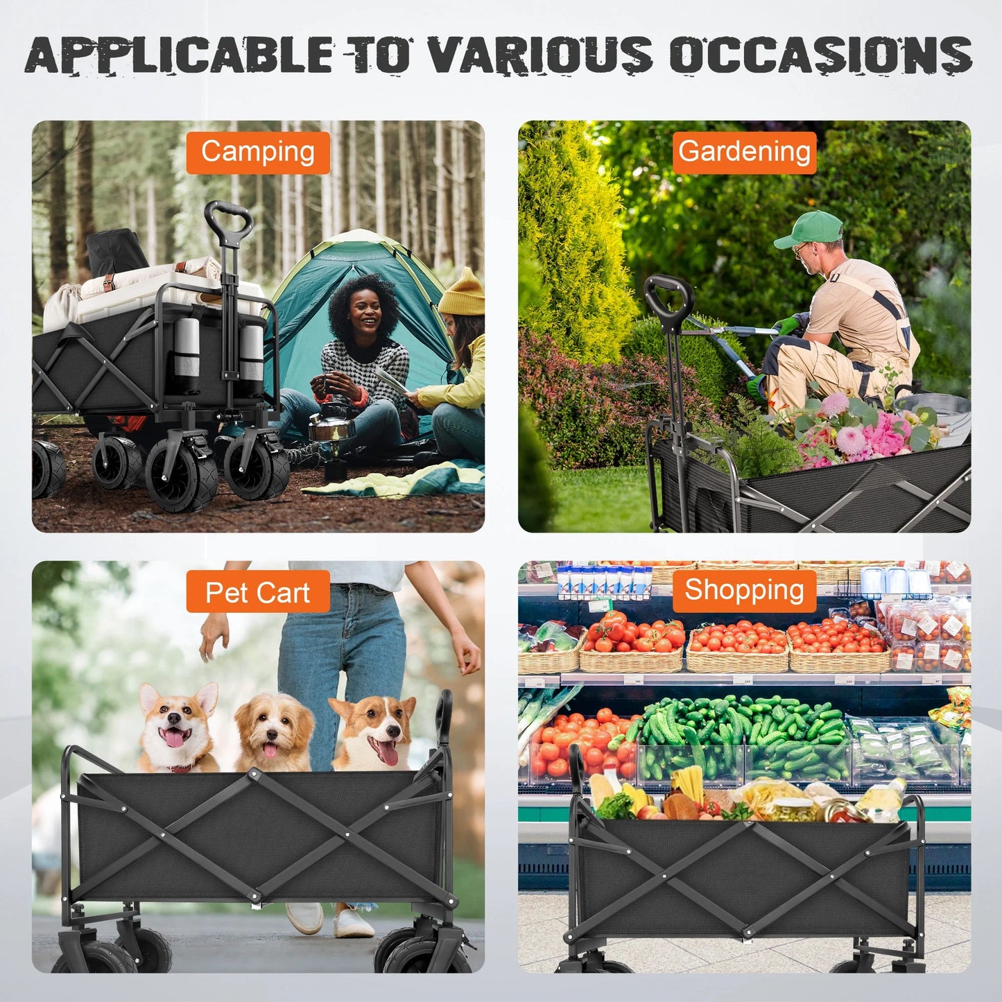 560Lbs Collapsible Folding Wagon, Big Bucket Beach Cart, Heavy Duty Large Capacity Garden Wagon with Multi-Terrain Brake Wheels for Outdoor Camping, Shopping, Sports, Grocery, Kids, Black