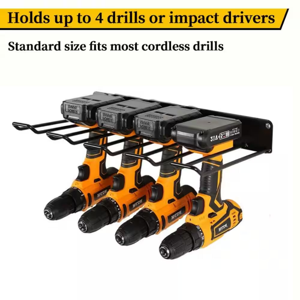 Black Utility Storage Rack, Wall Mounted Power Tool Organizer Holder with 2-Layers and 4-Drill Holder