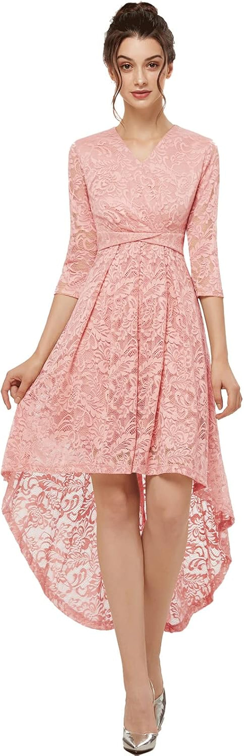 Spring Summer Mother of the Bride Dresses Hi-Low Lace 3/4 V-Front Sleeve Wedding Guest Dress